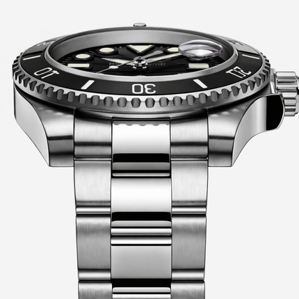 Seaforge Men’s Diver Watch – 20Bar Stainless Steel Quartz with luminous markers and robust build shown from a side angle.