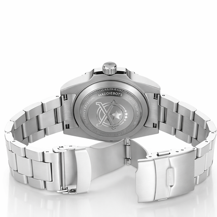 Back view of Seaforge Men’s Diver Watch – 20Bar Stainless Steel Quartz showing stainless steel bracelet and engraved caseback detail.