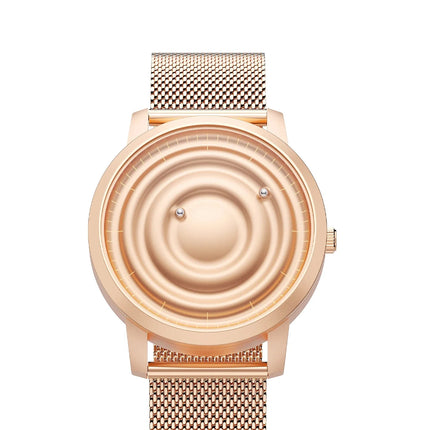 Orbitra Magnetic Watch with a gold mesh band, featuring a unique magnetic ball system for time display, minimalist design.