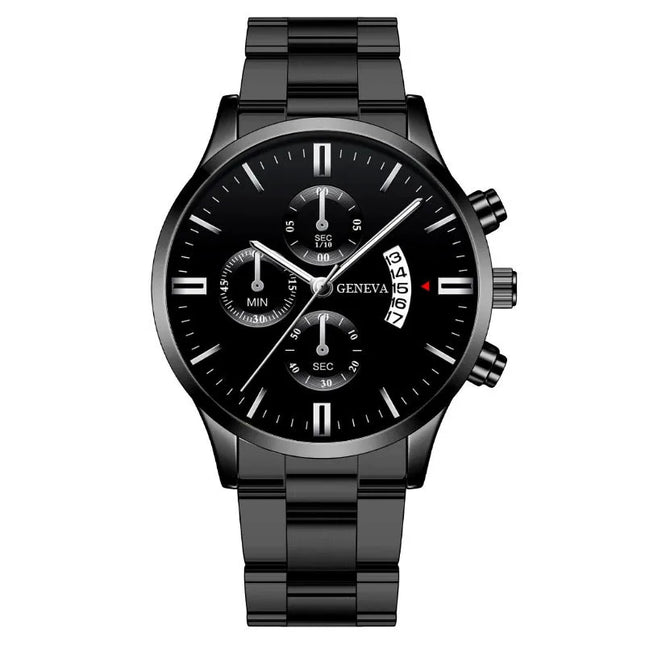 Eclipse Men’s Quartz Watch – Calendar Dial with sleek black face and steel bracelet, featuring numberless dial and practical calendar display.