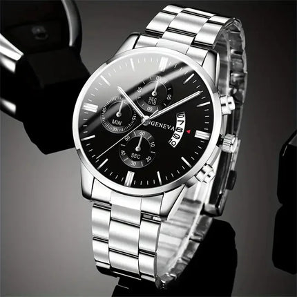 Eclipse Men’s Quartz Watch – Calendar Dial with steel bracelet, numberless face, and calendar display for a smart-casual look.