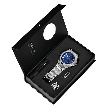 Northport Business Watch in gift box with stainless steel band and blue dial, featuring quartz movement and calendar display.