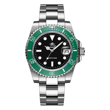 Seaforge Men’s Diver Watch – 20Bar Stainless Steel Quartz with green bezel, showcasing luminous hands and 20Bar water resistance.