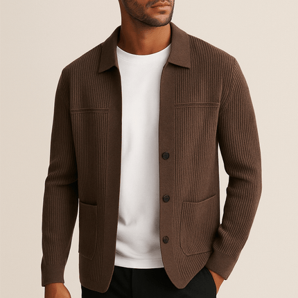 Archer Cardigan - Men's winter sweater featuring ribbed texture, deep front pockets, ideal for layering, offering warmth and soft comfort.