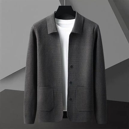 Archer Cardigan for men - warm ribbed knit sweater with tailored collar and deep pockets, perfect for winter layering and everyday comfort.