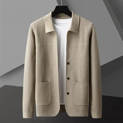 Archer Cardigan for men, warm winter knitwear with ribbed texture, deep pockets, and tailored collar, perfect for cozy everyday layering.