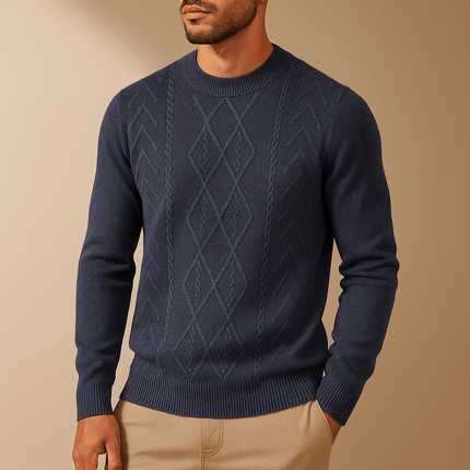 Arezzo Sweater in navy blue with geometric weave, perfect men's winter sweater for warmth and style, showing ribbed collar and tailored fit.