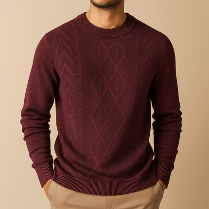 Arezzo Sweater for men in burgundy, with geometric weave, offering warmth and comfort, ideal for winter layering and everyday stylish wear.