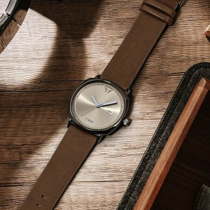 Aurex Milano Heritage Leather Edition wristwatch on wooden surface, showcasing refined simplicity and luxury for men.
