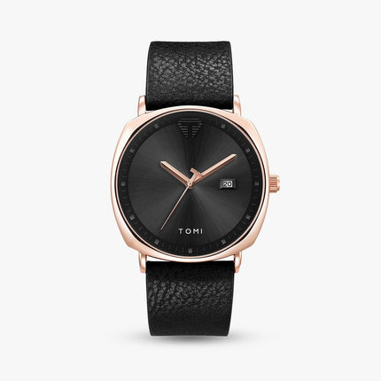Aurex Milano Heritage Leather Edition watch with a black leather strap and a sleek minimalist face, perfect for refined luxury style.