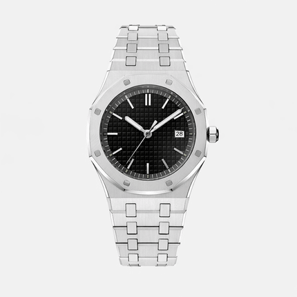 Aurex Sovereign Steel Watch displayed with a black dial and stainless steel bracelet, showcasing men's luxury and elegance in design.