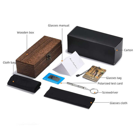 Complete packaging set for Natural Bamboo Polarized Shades including wooden box, cloth bag, glasses manual, and accessories.
