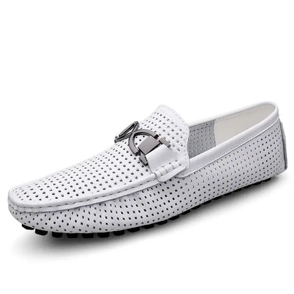Luxury white perforated men's loafers with buckle detail, featuring elegant design and slip-on comfort. Ideal for upscale fashion and formal wear.