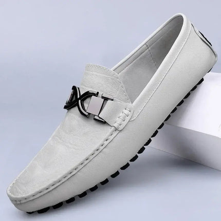 Benson Leather Loafers in white, men's luxury slip on leather shoes with cushioned footbed and high-grade rubber outsole for formal elegance.