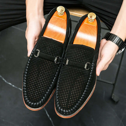 Elegant Calviano Suede Loafers with brushed metal strap, slip-on design, and genuine suede for comfort and style. Perfect men's leather loafers.