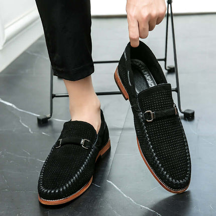 Calviano Suede Loafers, luxury men's formal slip-on leather shoes with brushed metal strap and genuine suede for elegance and comfort.