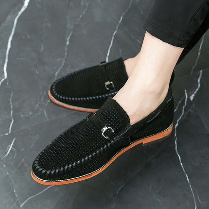 Calviano Suede Loafers - luxurious men's leather slip-on with brushed metal strap, contrast stitching, and orthopedic insole for formal elegance.