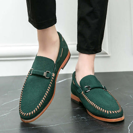 Calviano Suede Loafers in green with contrast stitching, accent strap, and cushioned insole, perfect for elegant comfort and formal style.