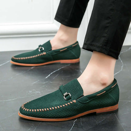 Elegant Calviano Suede Loafers with contrast stitching, brushed metal strap, and orthopedic insole for ultimate comfort and formal style.