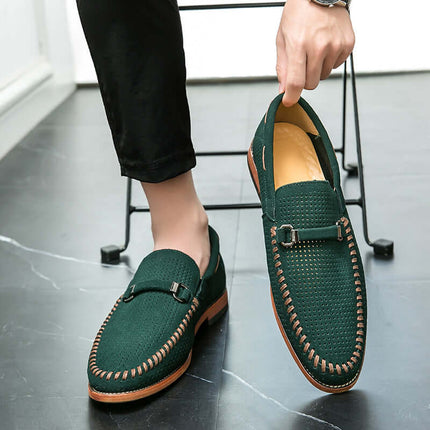 Calviano Suede Loafers in green with polished strap, contrast stitching, and cushioned insole; perfect for men's luxury formal slip-on leather shoes.