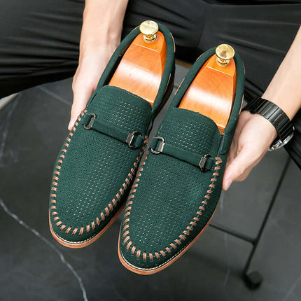 Calviano Suede Loafers showcasing green suede, perforated design, brushed metal strap, and orthopedic cushioned insole for stylish comfort.