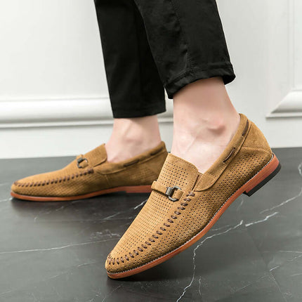 Calviano Suede Loafers - men's luxury formal slip-on leather shoes with perforated suede, brushed metal strap, and cushioned insole.