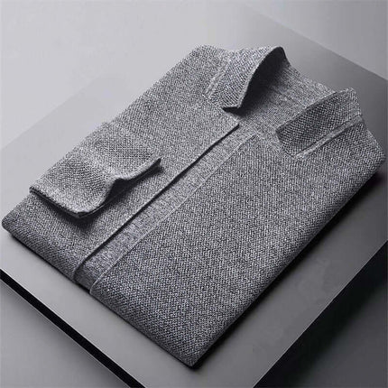 D’Avorio Knit Cardigan in grey, a warm men's winter sweater with stand collar, perfect for cozy layering and seasonal comfort.