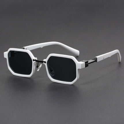 White octagonal sunglasses for men with bold, modern design on a dark background.