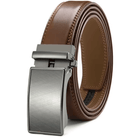 Genuine leather belt with buckle in brown featuring automatic ratchet design for men’s fashion and durability.