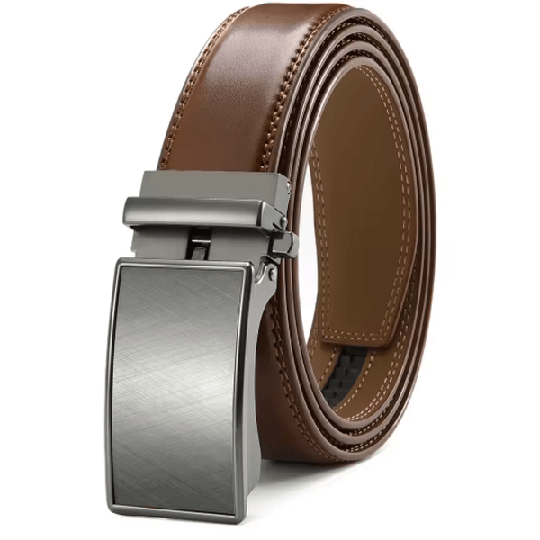 Genuine leather belt with buckle in brown featuring automatic ratchet design for men’s fashion and durability.