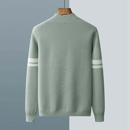 Giancarlo Cardigan in merino wool blend, men's winter sweater with sleeve stripes, warm knitwear for comfort and layering, minimalist design.