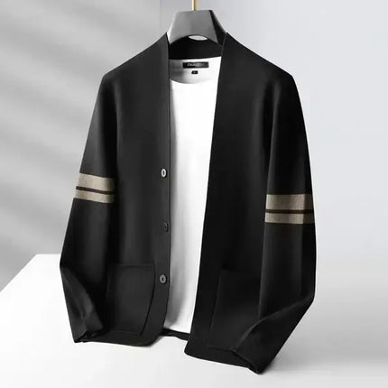 Giancarlo Cardigan in merino wool blend for men’s winter wear, featuring warm minimalist design, sleeve stripes, and front pockets.