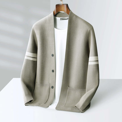 Giancarlo Cardigan - men's winter sweater, warm knitted sweater with sleeve stripes, premium merino wool blend, cosy winter knitwear for layering.