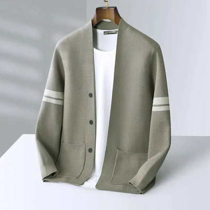 Giancarlo Cardigan in soft merino wool blend, featuring minimalist design with sleeve stripes and front pockets. Perfect men's winter sweater for layering.