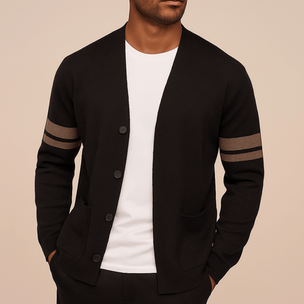 Giancarlo Cardigan – men's winter sweater, soft merino wool blend with sleeve stripes; perfect warm knitwear for layering and everyday winter style.