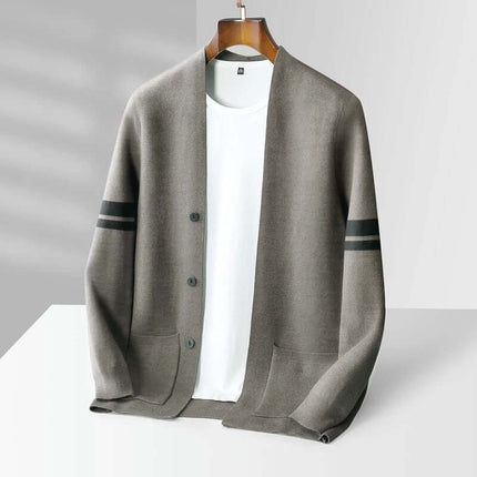 Giancarlo Cardigan for men in merino wool blend, minimalist design with sleeve stripes, offering warmth and comfort; ideal winter knitwear choice.
