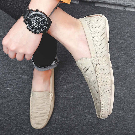 Giuliano Leather Loafers in beige, featuring a perforated design, slip-on style, and premium comfort for a formal, sophisticated look.