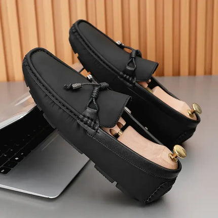 Carson Loafers - men's leather loafers with slip-on design, handcrafted for formal events and casual wear, featuring a sleek black luxurious leather finish.