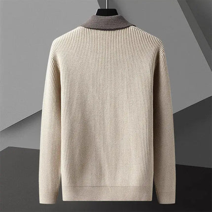 Harrison Knit Cardigan showcasing a soft, textured knit with a contrasting collar, perfect for men's winter warmth and cozy layering.