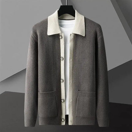 Harrison Knit Cardigan - men's winter sweater with contrasting collar and pockets for cozy layering and warmth, ideal winter knitwear men