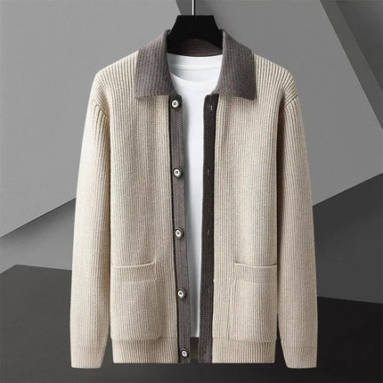 Harrison Knit Cardigan for men's winter fashion, warm, soft, and cosy knitwear with contrasting collar, perfect for layering and everyday comfort.