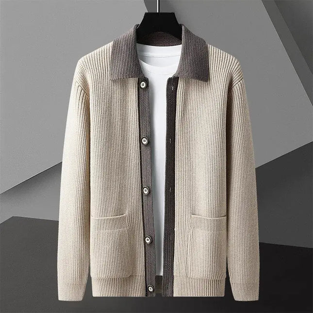 Harrison Knit Cardigan for men's winter fashion, warm, soft, and cosy knitwear with contrasting collar, perfect for layering and everyday comfort.