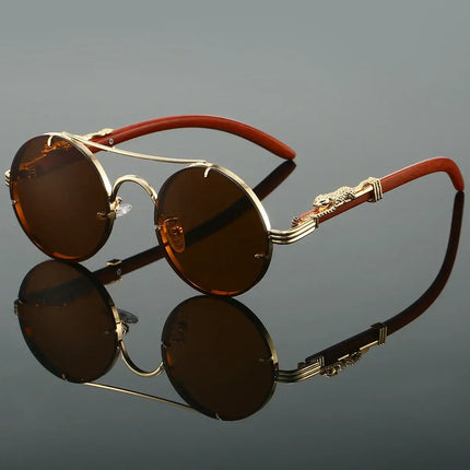 Jagger Shades UV protection sunglasses with bold leopard accents on round frame, polarized lenses, ideal for driving and outdoor activities.