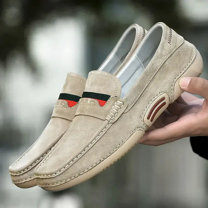 Lucca Suede Loafers in beige, men's luxury slip-on leather shoes with cushioned insole, ideal for formal settings and casual versatility.