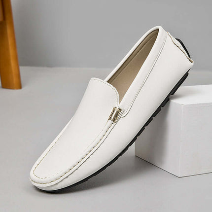 Marco Leather Loafers - Elegant men's slip-on shoes in premium white leather, perfect for formal occasions. Hand-stitched luxury loafers.