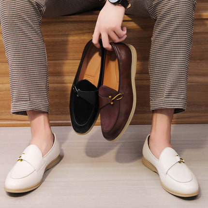Matteo Leather Loafers showcasing elegant suede accents and a stylish hook detail, embodying premium comfort and slip-on convenience for formal occasions.