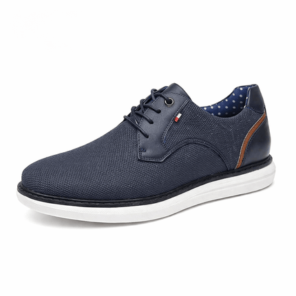 Men’s Casual Leather Shoes with Laces, non-slip blue shoe with white sole, side view with lace-up design.