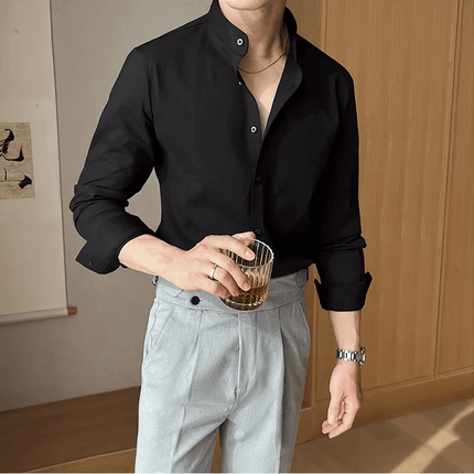 Man wearing Sterling Dress Shirt, showcasing its modern style and breathable fabric, ideal for casual outings and social occasions.