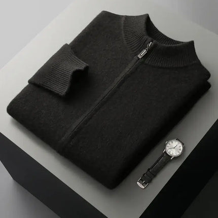 Merino Crest Cardigan showcasing seamless, soft merino wool fabric for warmth and style. Perfect men's winter sweater for cozy, everyday layering.