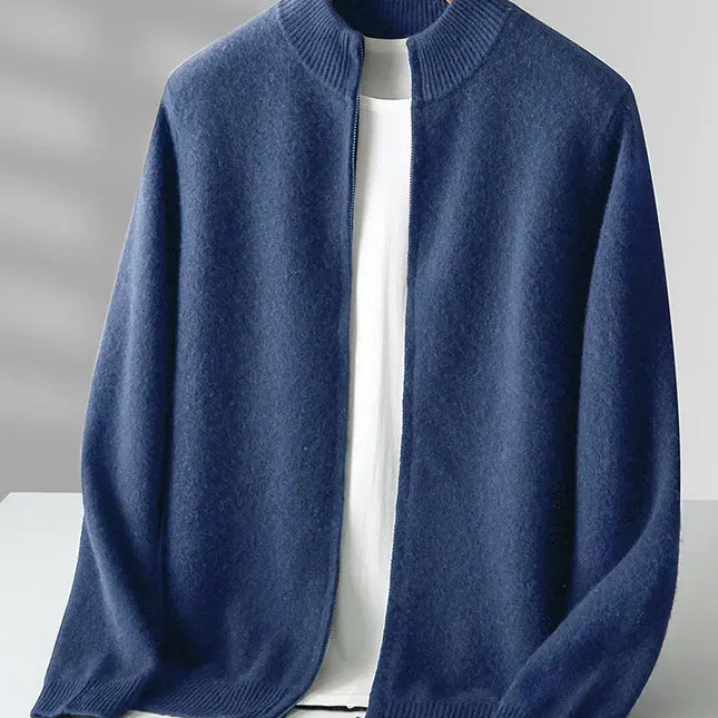 Merino Crest Cardigan for men, knitted from 100% premium merino wool, showcasing a seamless, warm and soft design perfect for winter wear.